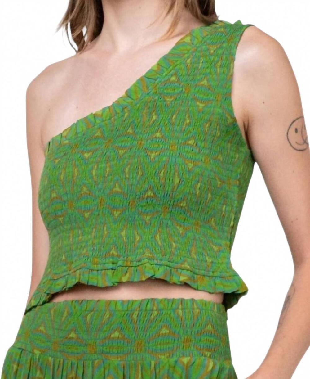 NEW SHINE silk ruched tank in green geometric
